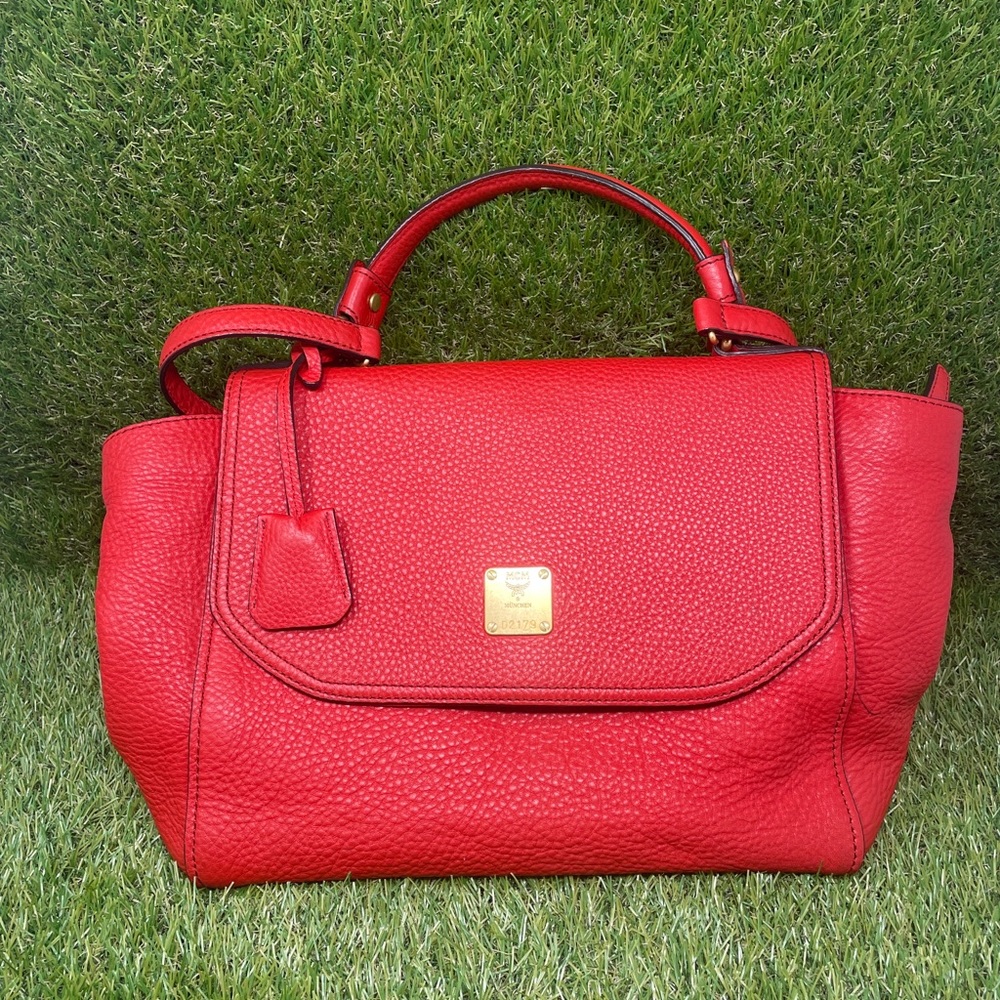 RED LEATHER MCM MUCHEN CROSS BODY TOP HANDLE PURSE
